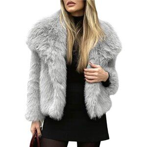 Womens Faux Fur Coat Lapel Open Front Fluffy Light Grey